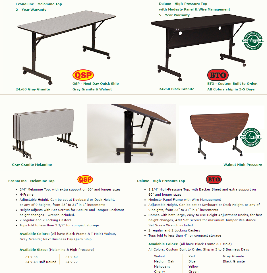 Walnut Melamine Half Round Top 24 x 48 Correll FT2448MR-01 EconoLine Flip Top Table Adjustable Height